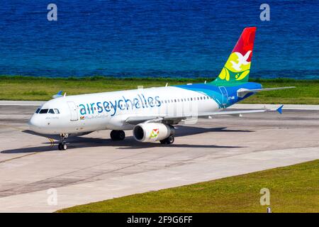 Mahe, Seychelles - November 26, 2017: Air Seychelles Airbus A320 airplane at Seychelles International Airport (SEZ) in the Seychelles. Airbus is a Eur Stock Photo