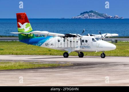 Mahe, Seychelles - November 26, 2017: Air Seychelles DHC-6-400 Twin Otter airplane at Seychelles International Airport (SEZ) in the Seychelles. Stock Photo