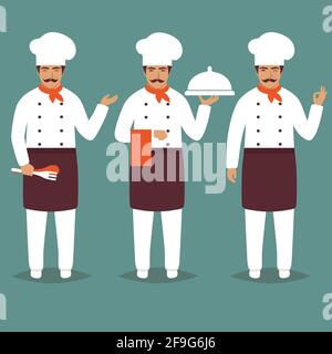 Set Cartoon Chief Cook Character. white restaurant profession uniform. Vector Illustration Stock Vector