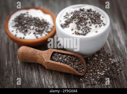 Yogurt with chia seeds isolated on white background, top view Stock ...