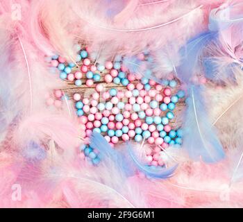 Blue and Pink feathers texture in pastel color, beautiful abstract soft bright colors background modern design top view Stock Photo