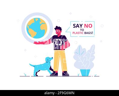 Vector art of cartoon man with dog holding Earth globe and words Say No To Plastic Bags on white background. Global ecological and environmental probl Stock Vector