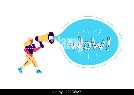 Vector illustration of female character with megaphone and blue bubble with word Wow walking on white background. Paying attention to information on g Stock Vector