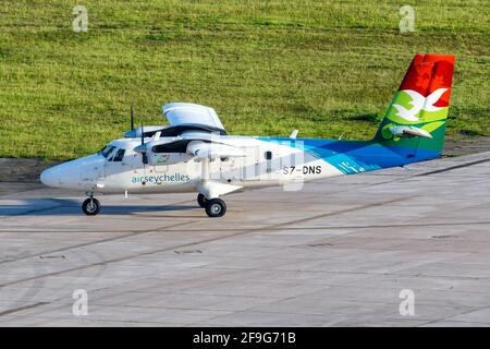 Mahe, Seychelles - November 25, 2017: Air Seychelles DHC-6-400 Twin Otter airplane at Seychelles International Airport (SEZ) in the Seychelles. Stock Photo