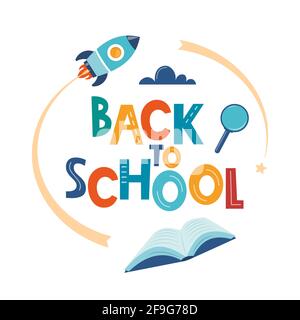 Back to school poster, banner. Lettering Back to school inscription with study supplies. Education concept design. Vector