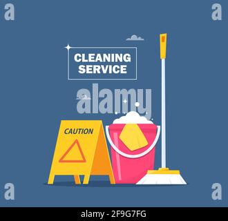 Cleaning service concept for web banner, infographic, poster. Slippery wet floor warning sign, bucket, mop, detergent. Vector illustration Stock Vector