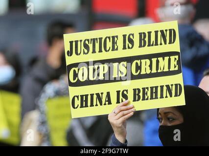 London, England, UK. 18th Apr, 2021. Protesters staged a 'silent march'' against the military coup in Myanmar and calling UK to recognise the National Unity Government. Gathering outside British parliament, they marched to Battersea Park. Home of London's Buddhist Peace Pagoda. Credit: Tayfun Salci/ZUMA Wire/Alamy Live News Stock Photo