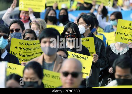 London, England, UK. 18th Apr, 2021. Protesters staged a 'silent march'' against the military coup in Myanmar and calling UK to recognise the National Unity Government. Gathering outside British parliament, they marched to Battersea Park. Home of London's Buddhist Peace Pagoda. Credit: Tayfun Salci/ZUMA Wire/Alamy Live News Stock Photo