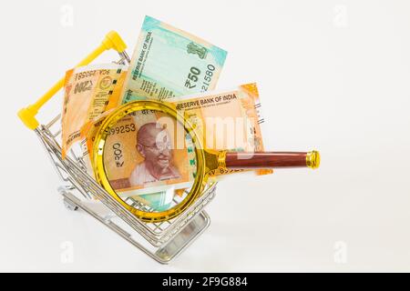 A miniature shopping cart with Indian money, rupees and a magnifying glass. Economic and business concept, rising inflation and the country's economic Stock Photo