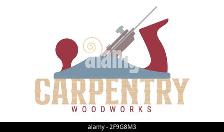 Hand wood plane. Carpentry, woodworks. Carpenter label, emblem template. Carpentry lettering with wood texture. Flat vector illustration isolated on w Stock Vector