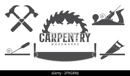 Carpentry tools, labels template. Sawmill emblem. Flat vector illustration isolated on white. Stock Vector