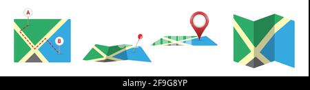 Map 3D icons. Point-to-point route, pinned map, teardrop map marker. Folded map icon. Flat vector illustration isolated on white. Stock Vector