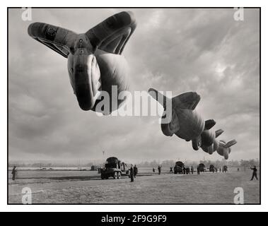 WW2 UK RAF Barrage Balloon Defence aginst Nazi aerial attack Royal Air Force Balloon Command, 1939-1945. Kite balloons and balloon winches of No.1 Balloon Training Unit are prepared for handling practice at Cardington, Bedfordshire. Date between 1939 and 1945 Stock Photo