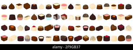 Illustration on theme beautiful big set sweet chocolate candy bonbon. Candy bonbon consisting of black sweet chocolate covered powder  glaze. Kit choc Stock Vector