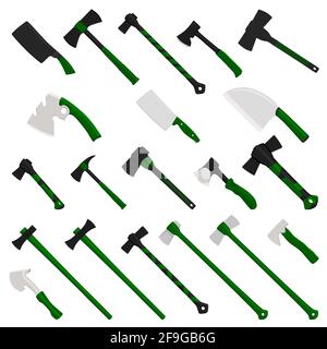 Illustration on theme big kit steel axes with wooden handle, metal ax for hunting. Pattern ax consisting of many different axes on white background. F Stock Vector