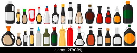 Illustration on theme big kit varied glass bottles filled liquid soy sauce. Bottles consisting from soy sauce, empty labels for titles. Soy sauce in f Stock Vector