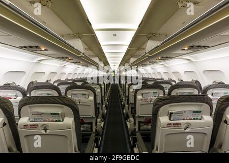 Stuttgart, Germany - February 28, 2018: Cabin of a Germanwings Airbus A319 airplane at Stuttgart airport (STR) in Germany. Airbus is an aircraft manuf Stock Photo