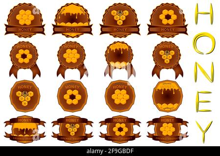 Illustration on theme for big set label of sugary flowing down honey in honeycomb with bee. Label pattern consisting from kit sticky honey at honeycom Stock Vector