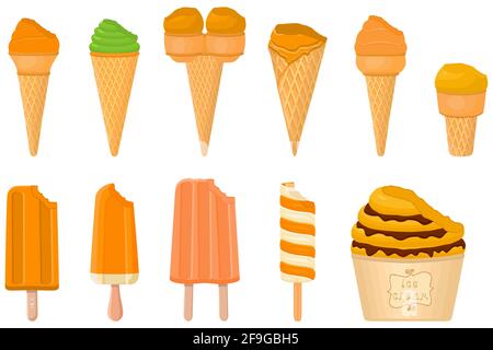 Illustration on theme big kit ice cream popsicle different types in cone waffle cup. Ice cream consisting of tasty popsicle on cone waffle cup. Popsic Stock Vector