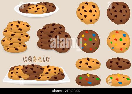 Illustration on theme big set different biscuit, kit colorful pastry cookie. Cookie consisting of collectible natural tasty food biscuit, pastry acces Stock Vector