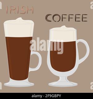 Illustration on theme for cream cocktail Irish coffee in glass cup with foam. Cocktail pattern consisting of cold Irish coffee with whiskey, whipped s Stock Vector