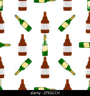 Illustration on theme seamless beer glass bottles with lid for brewery. Pattern beer consisting of many identical glass bottles on white background. G Stock Vector