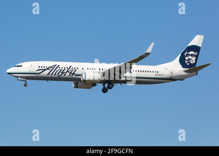 Los Angeles, USA - 21. February 2016: Alaska Airlines Boeing 737-900 at Los Angeles airport (LAX) in the USA. Boeing is an aircraft manufacturer based Stock Photo