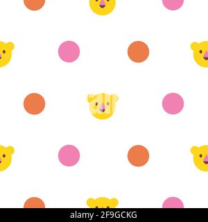 Polka dot seamless pattern with bright circles and lion cute face. Stock Vector