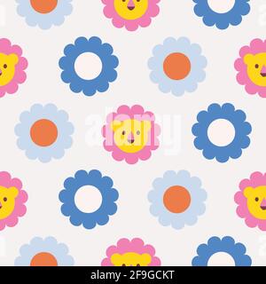 Daisy polka dot seamless pattern with bright circles and lion cute face. Stock Vector