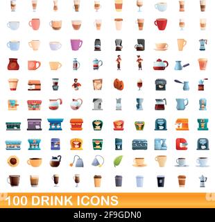 100 drink icons set. Cartoon illustration of 100 drink icons vector set isolated on white background Stock Vector