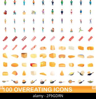 100 overeating icons set. Cartoon illustration of 100 overeating icons vector set isolated on white background Stock Vector