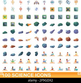 100 science icons set. Cartoon illustration of 100 science icons vector set isolated on white background Stock Vector