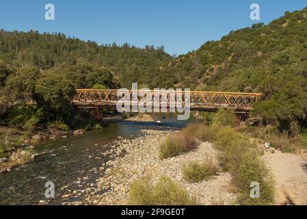 South Yuba River State Park, CA, USA, 17 April 2021. Side view of the bridgeport Covered Bridge at South Yuba River in California, USA,  which has been under recontruction for a few months. The bridge was built in 1862. Stock Photo