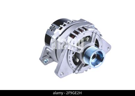 car generator, car electrical network element on white background, close-up selective focus Stock Photo