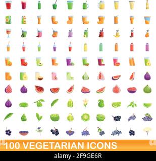 100 vegetarian icons set. Cartoon illustration of 100 vegetarian icons vector set isolated on white background Stock Vector