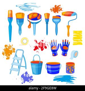 Flat working tools icon set, building object, implements and worker stuff. Stock Vector