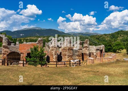 The Roman amphitheater of Amiternum was the main amphitheater of the ancient Sabine city of Amiternum, whose archaeological remains are located near t Stock Photo