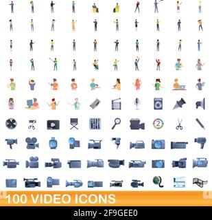 100 video icons set. Cartoon illustration of 100 video icons vector set isolated on white background Stock Vector