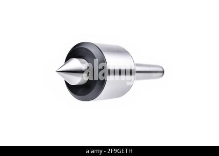 rotating lathe center for fixing workpieces in a lathe during metalworking on a white background, close-up selective focus Stock Photo