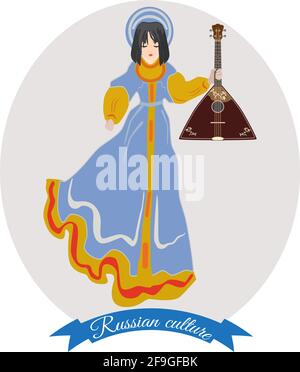 Girl in russian traditional clothing with balalaika, vector illustration Stock Vector