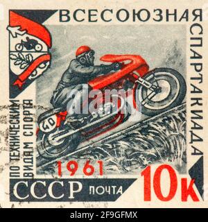 Commemorative stamp of motorclycle race during Soviet era Stock Photo