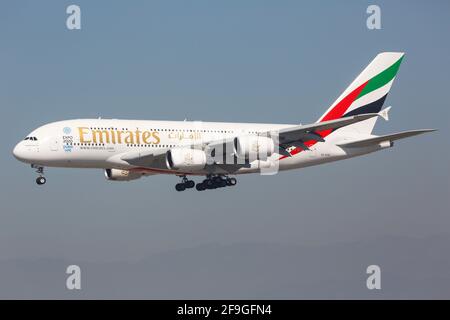 Los Angeles, USA - 21. February 2016: Emirates Airbus A380 at Los Angeles airport (LAX) in the USA. Airbus is an aircraft manufacturer from Toulouse, Stock Photo