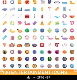 100 entertainment icons set. Cartoon illustration of 100 entertainment icons vector set isolated on white background Stock Vector
