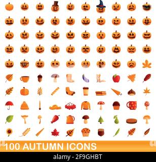 100 autumn icons set. Cartoon illustration of 100 autumn icons vector set isolated on white background Stock Vector