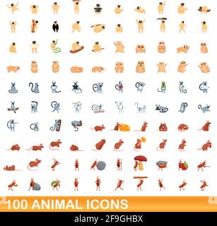 100 animal icons set. Cartoon illustration of 100 animal icons vector set isolated on white background Stock Vector