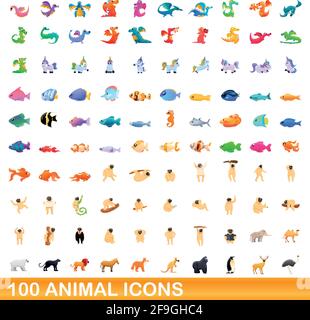 100 animal icons set. Cartoon illustration of 100 animal icons vector set isolated on white background Stock Vector
