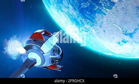 Spaceship in Earth orbit. Exploration of planets. Sci-fi. Conquer new worlds. Technological innovation and intergalactic travel Stock Photo