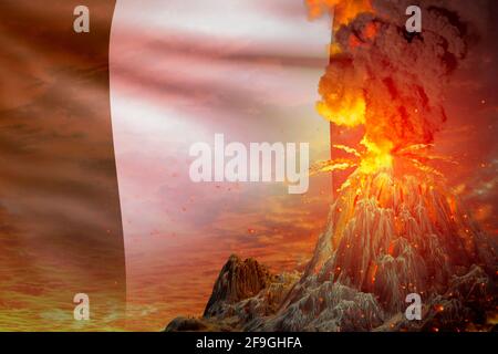 stratovolcano eruption at night with explosion on Nigeria flag background, troubles because of eruption and volcanic ash conceptual 3D illustration of Stock Photo