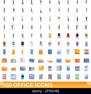 100 office icons set. Cartoon illustration of 100 office icons vector set isolated on white background Stock Vector