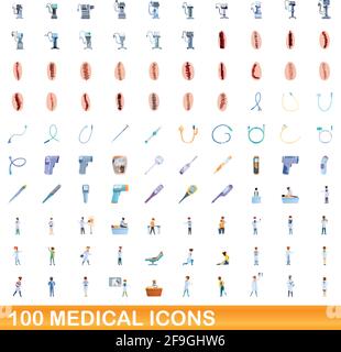 100 medical icons set. Cartoon illustration of 100 medical icons vector set isolated on white background Stock Vector